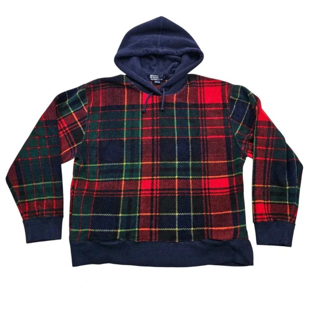 Polo Ralph Lauren Fleece Hoodie Mens XL Red Navy Plaid Side Zip Vintage 90s USA